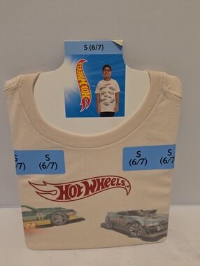 Hot Wheels Kids Short Sleeve Tee - Cream with Car Graphics (Size S 6/7) Neq
